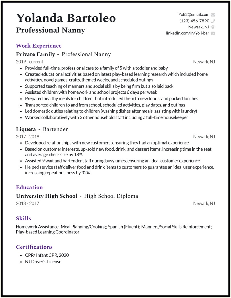 Summary Of Skills For Nanny Resume