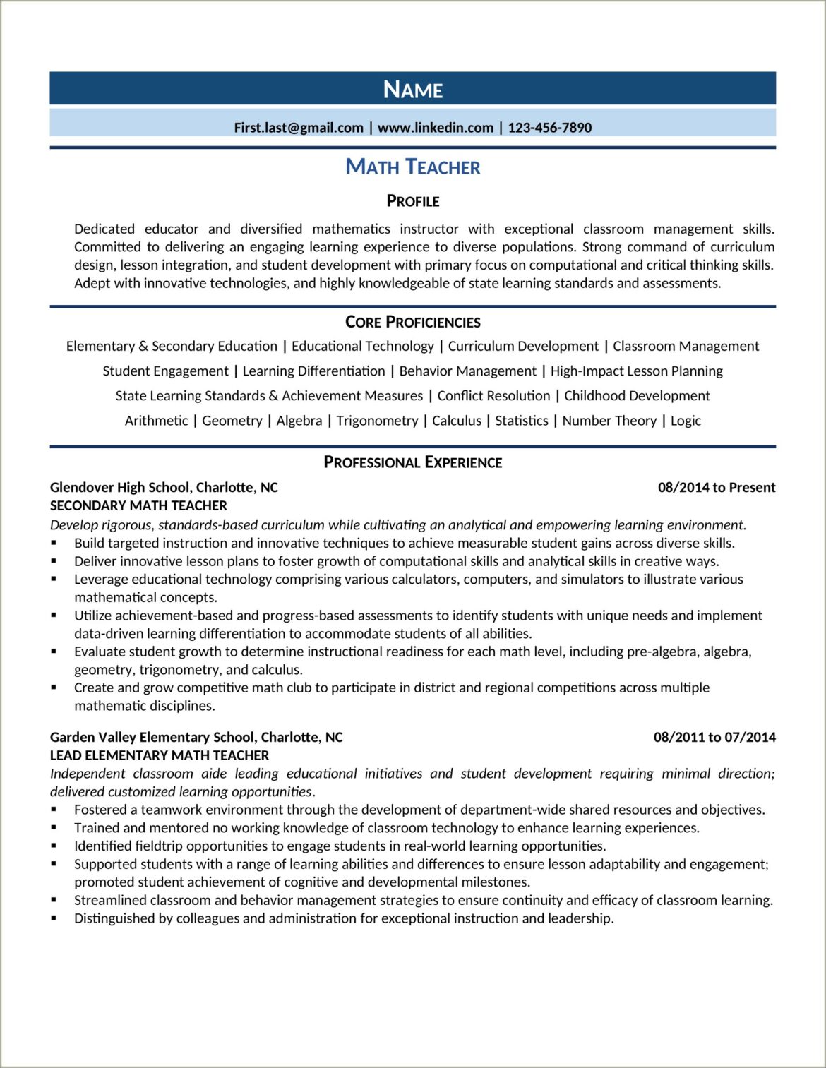 Summary Of Skills For Teacher Resume