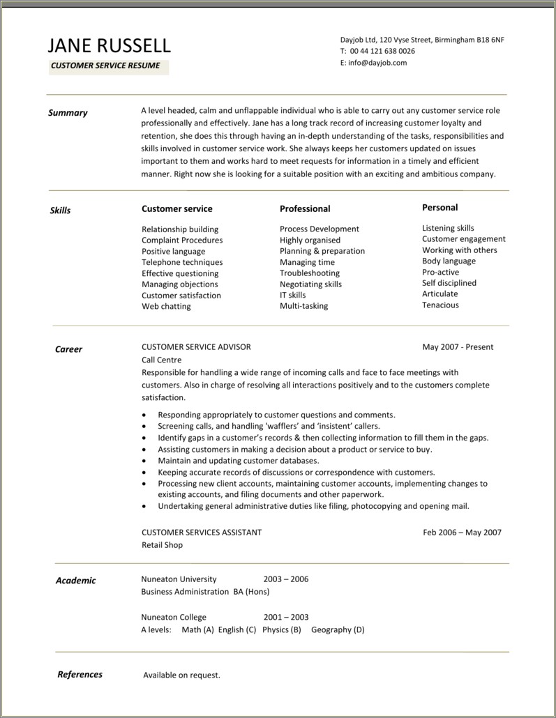 Summary On A Resume For Customer Service