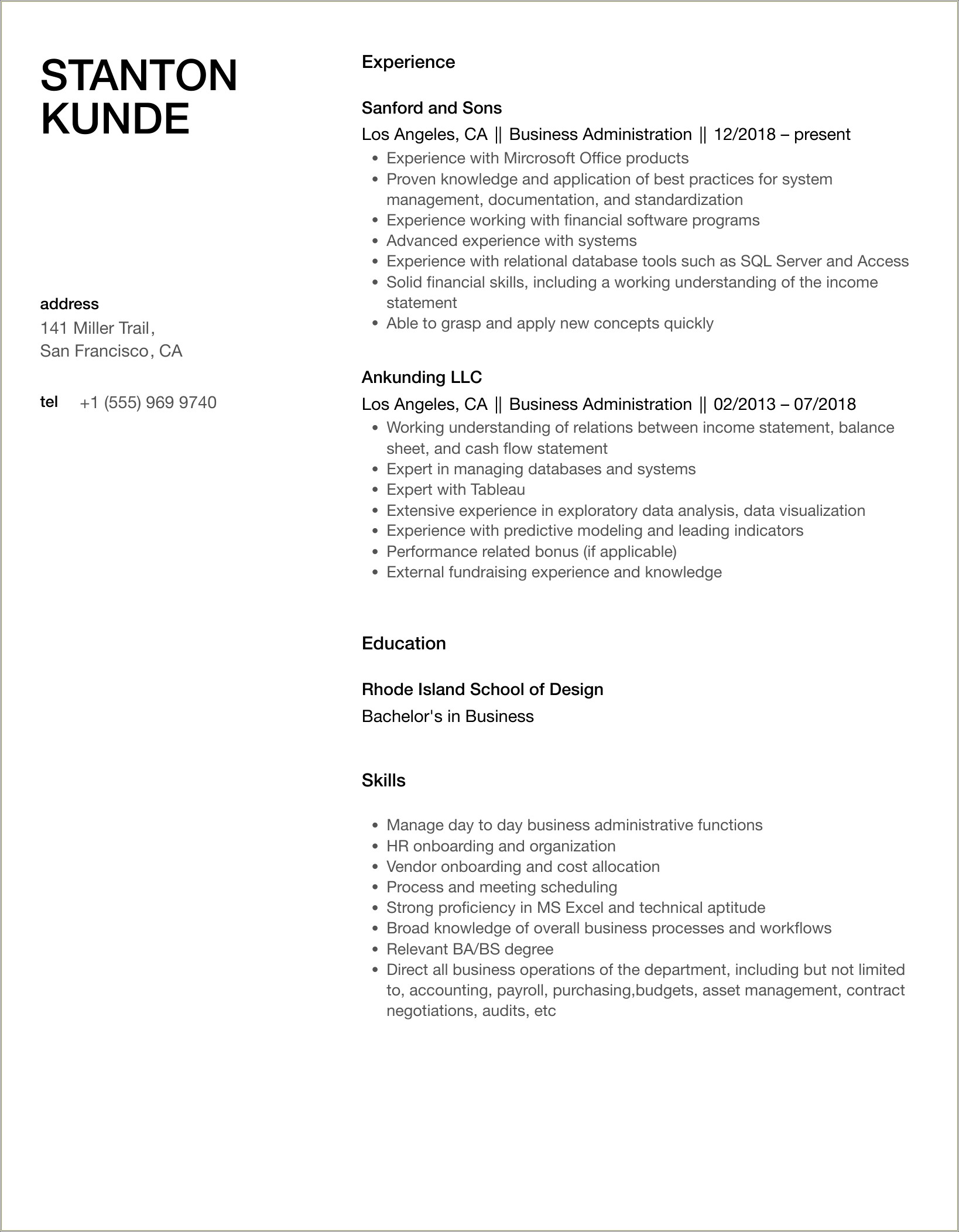 Summary On Resume For Business Administration