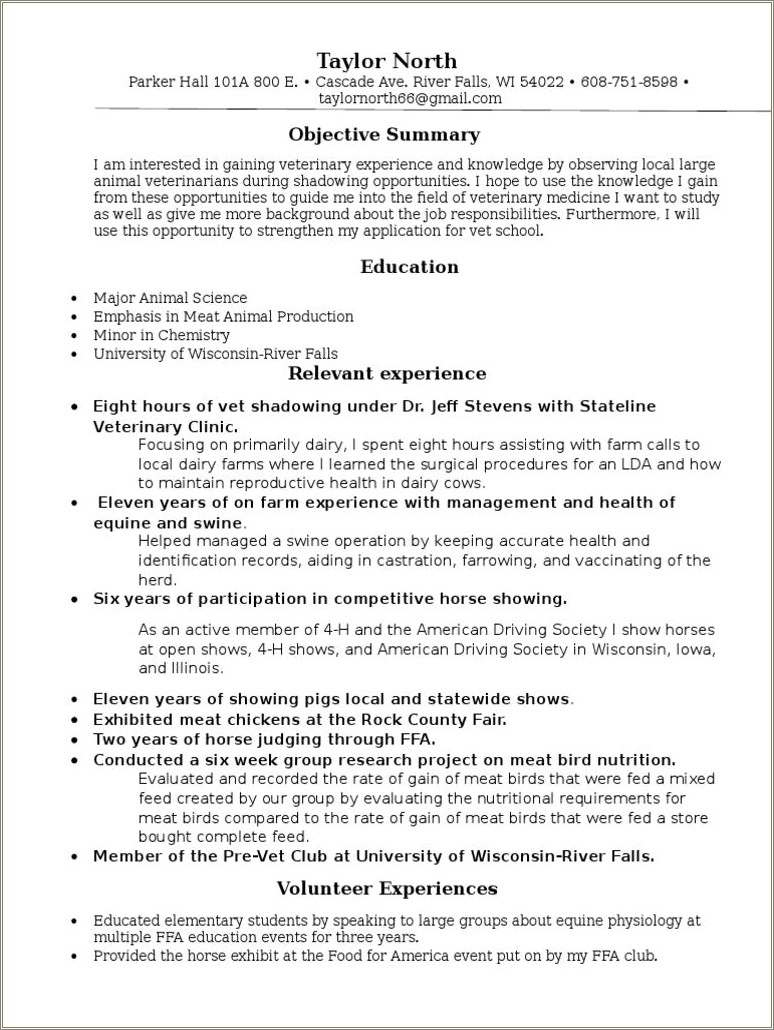 Summary On Resume For Veterinary Student