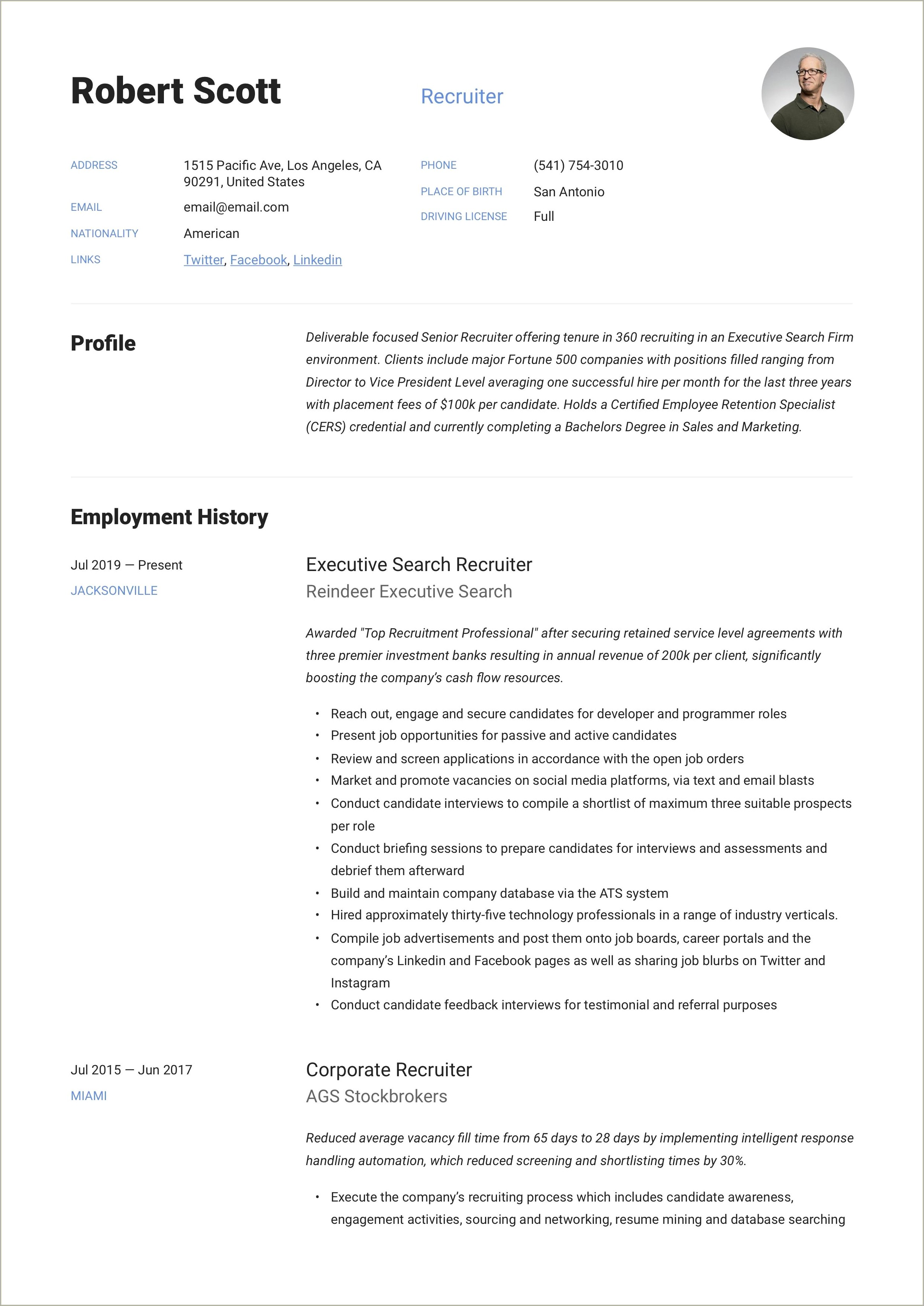 Summary Resume Examples For Experianced Recuiter