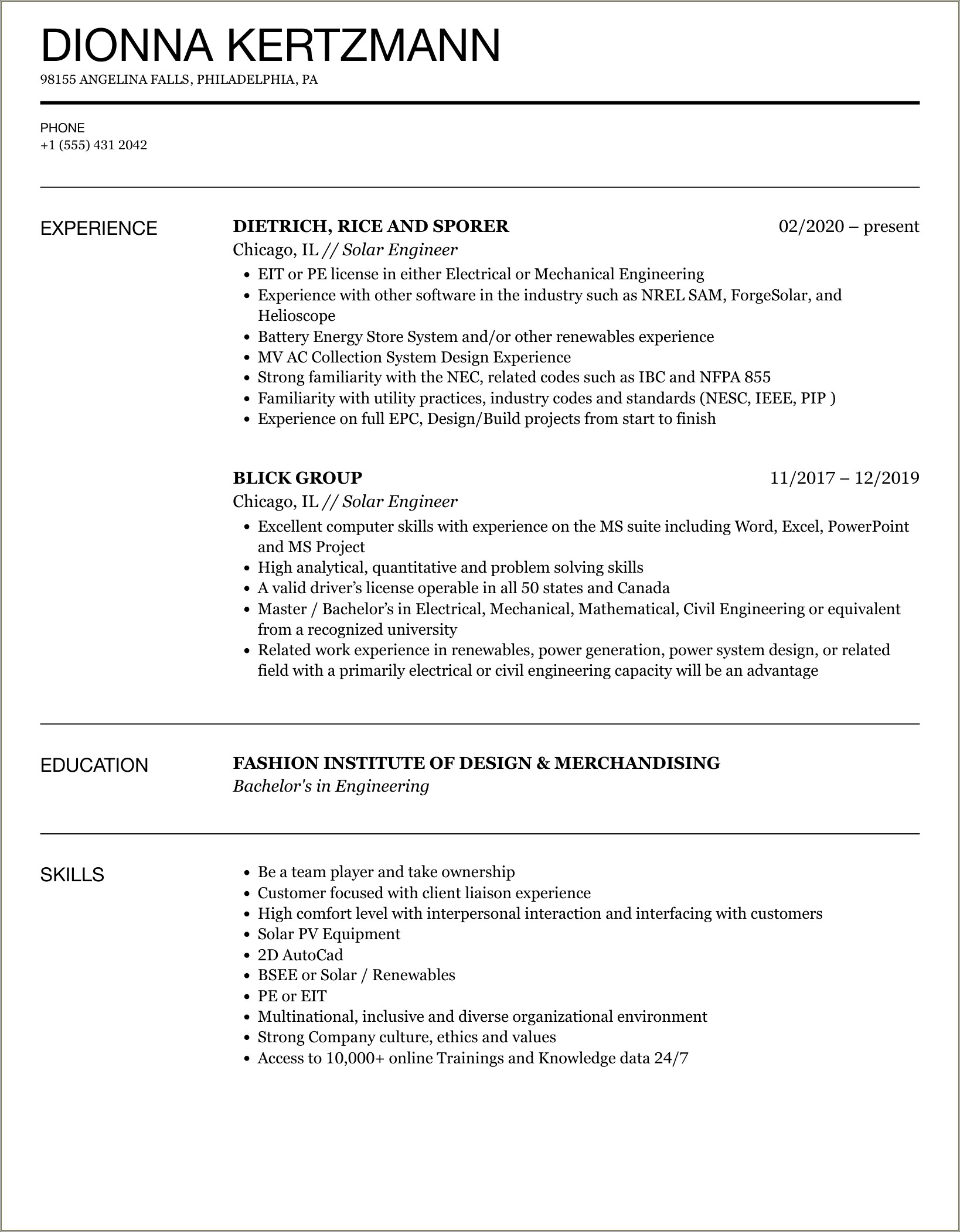 Summary Resume For Renewable Energy Student