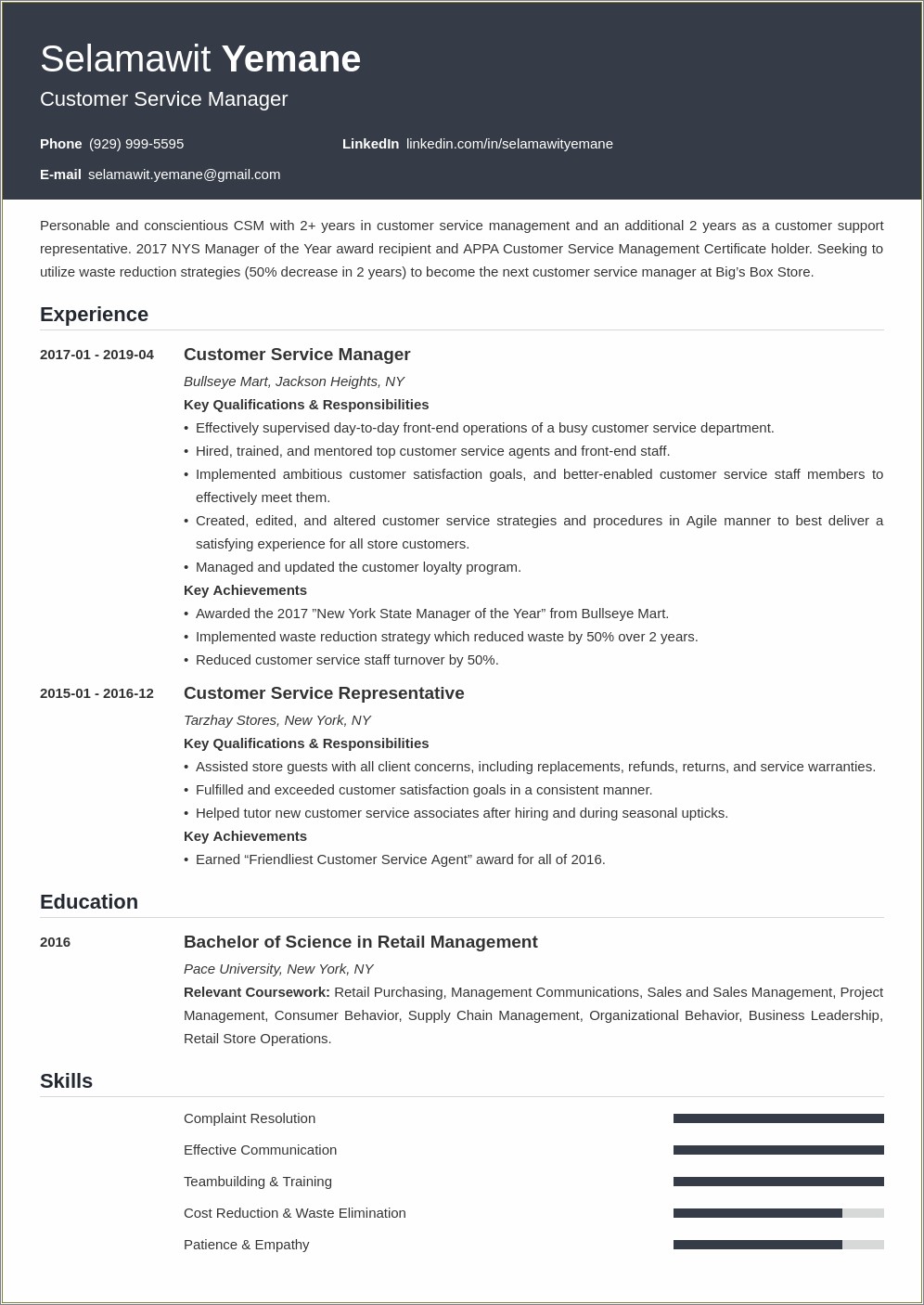 Summary Section Of Resume Custumer Service