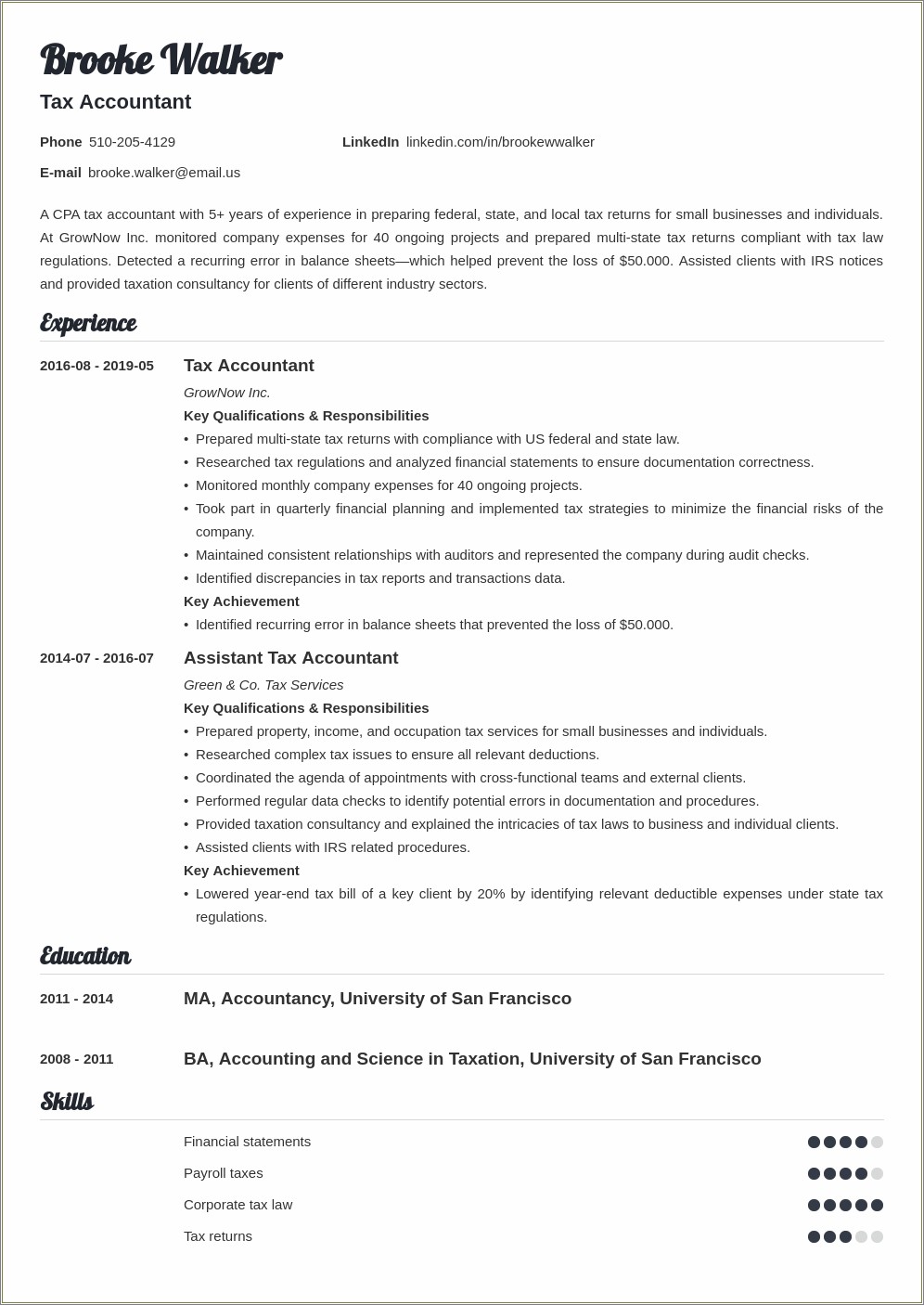 Summary Section Of Resume Tax Accountant