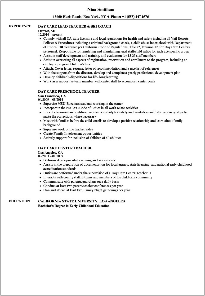 Summary State For Resume For Preschool Teacher