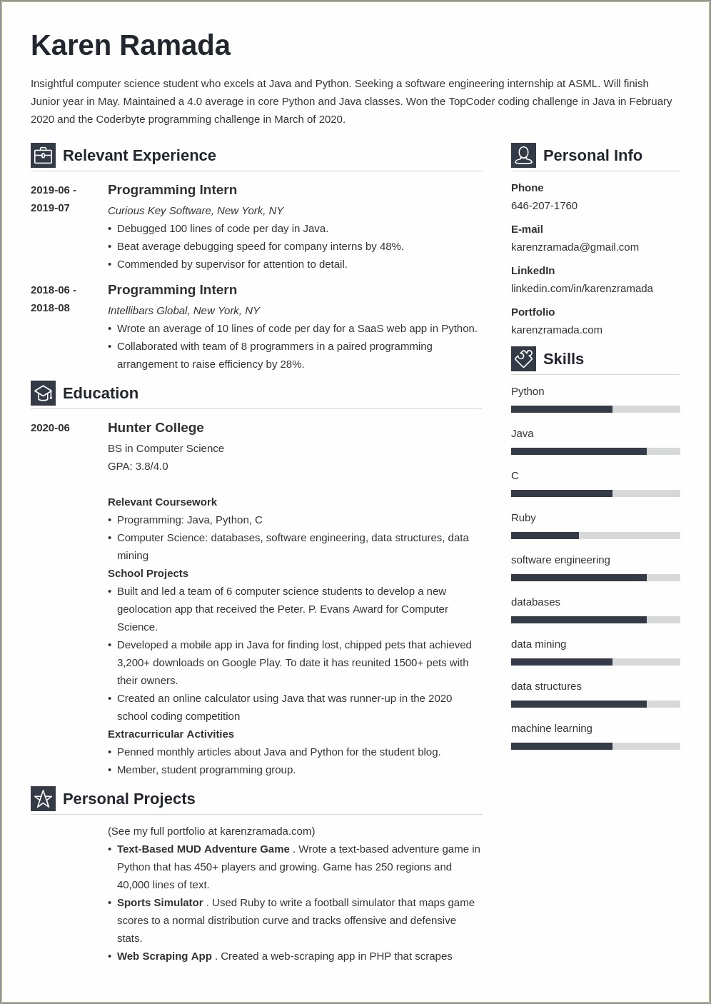 Summary Statement For Cs Student Internship Resume