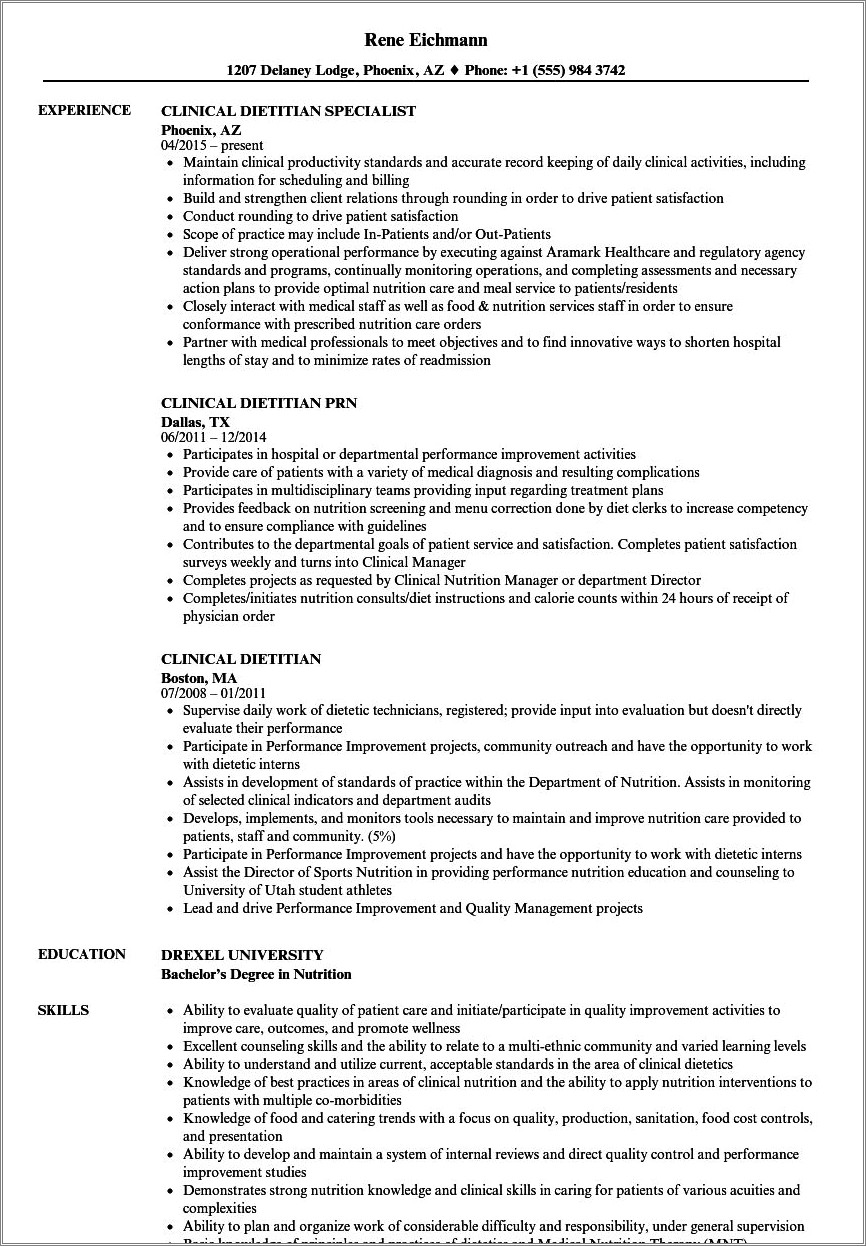 Summary Statements For A Dietitians Resume