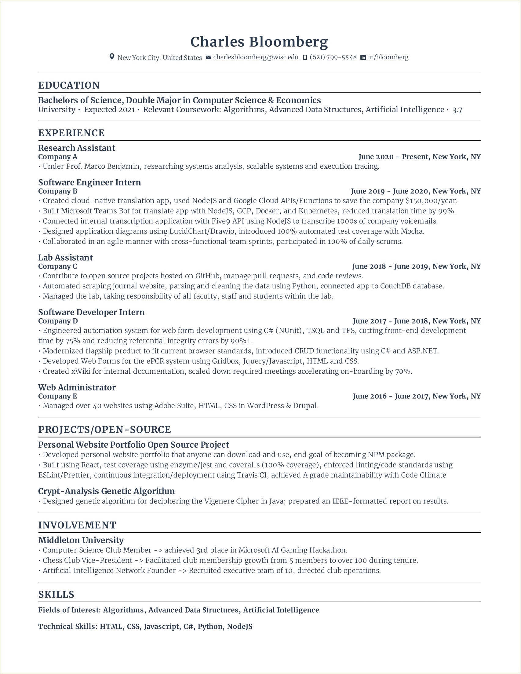 Summary With Internship Experience In Resume