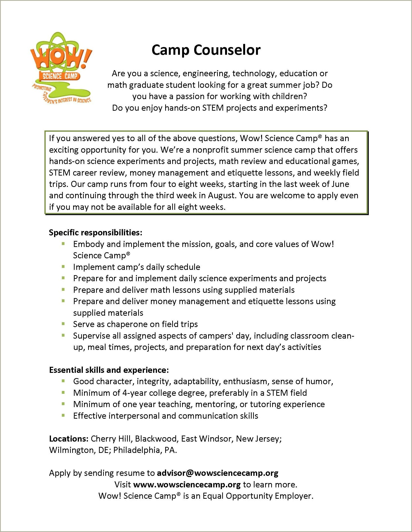 Summer Camp Counselor Job Description Resume