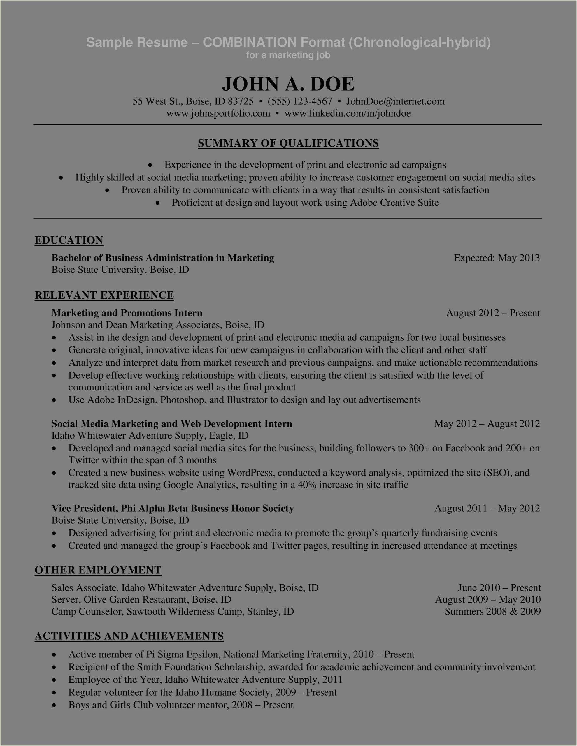 Summer Camp Leader On B School Resume