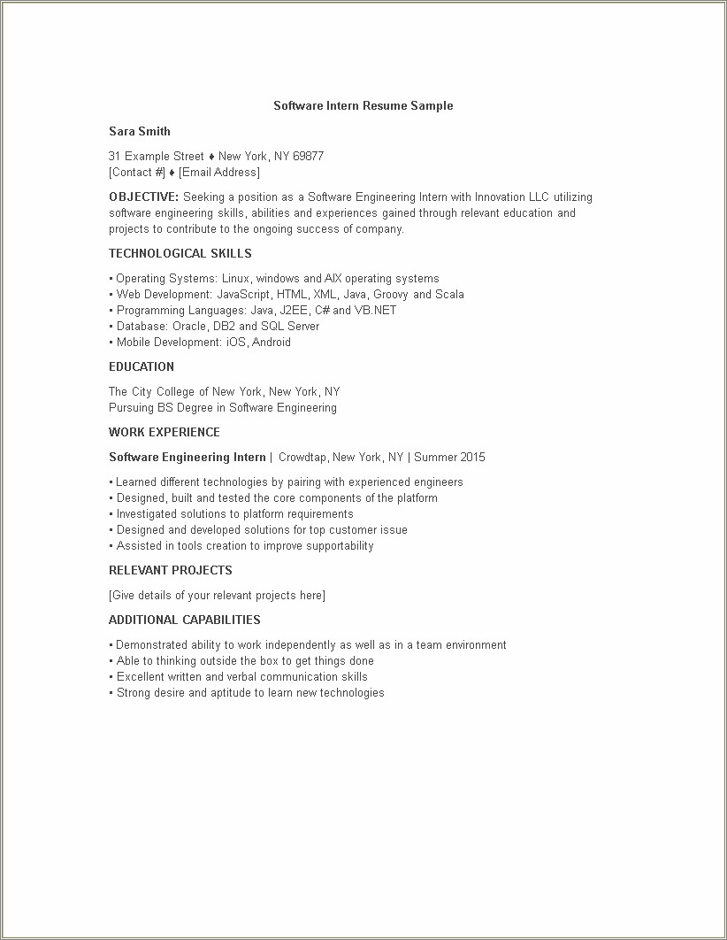 Summer Internship Engineering Resume Sample