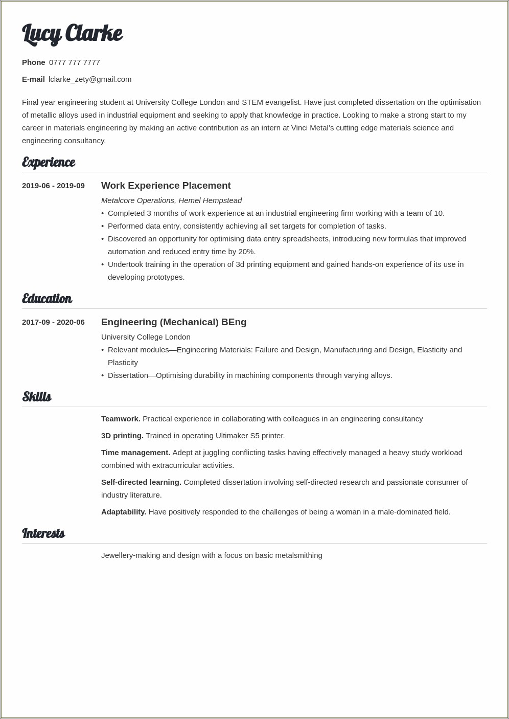 Summery With Internship Experience In Resume