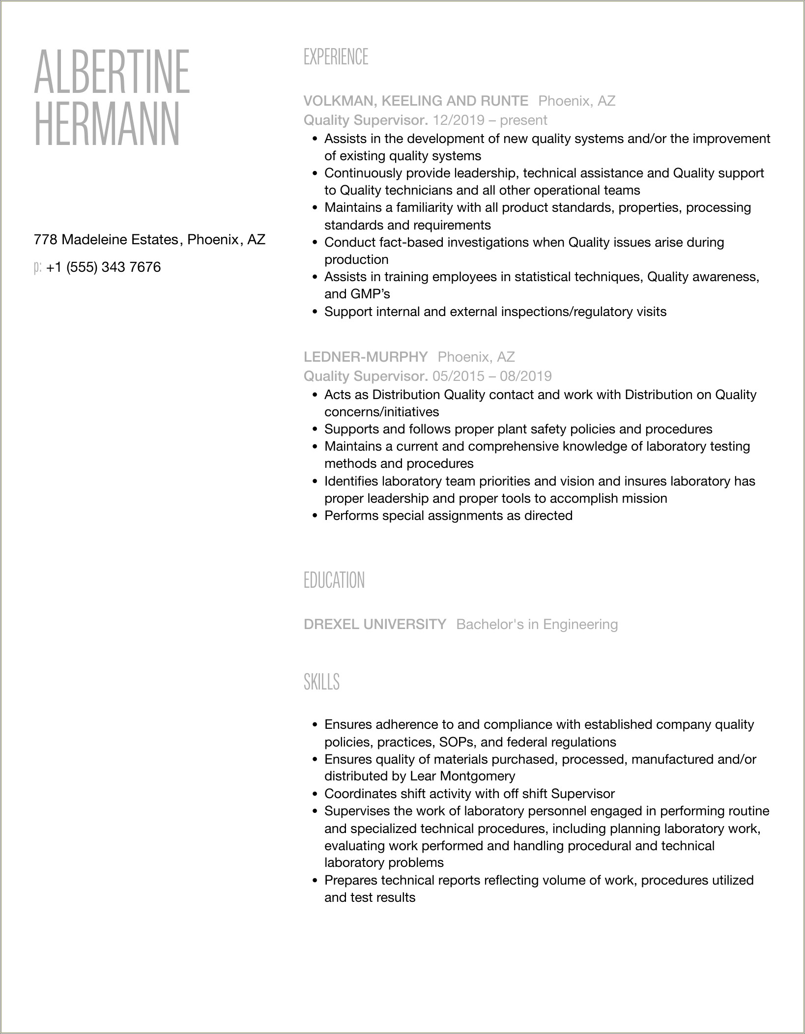 Supervisor In Quality Summary For Resume