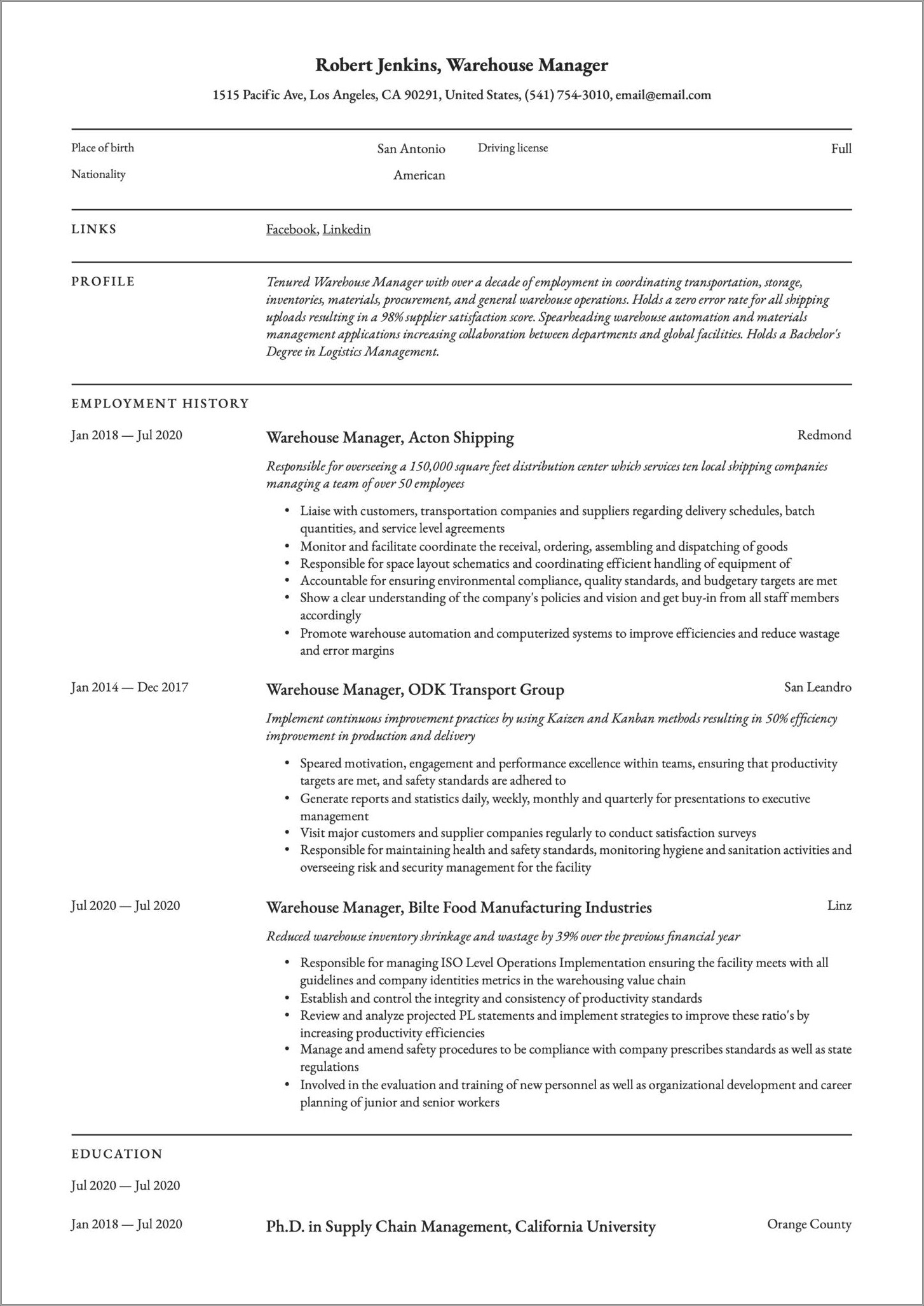 Supervisor Warehouse Summary For Resume With Minimal Experience