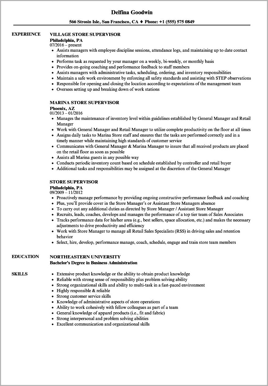 Supervisory Job Retail List For Resume