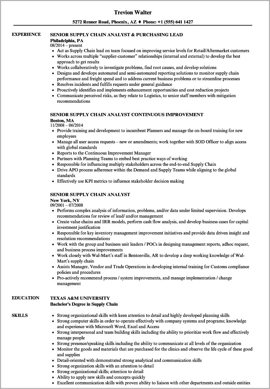 Supply Chain Analyst Resume Key Words