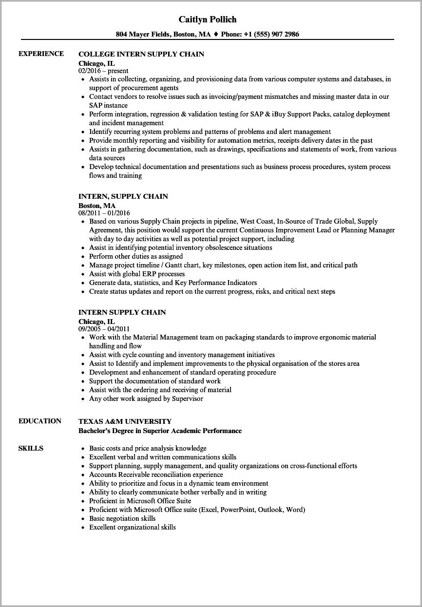 Supply Chain Management Internship Resume Objective