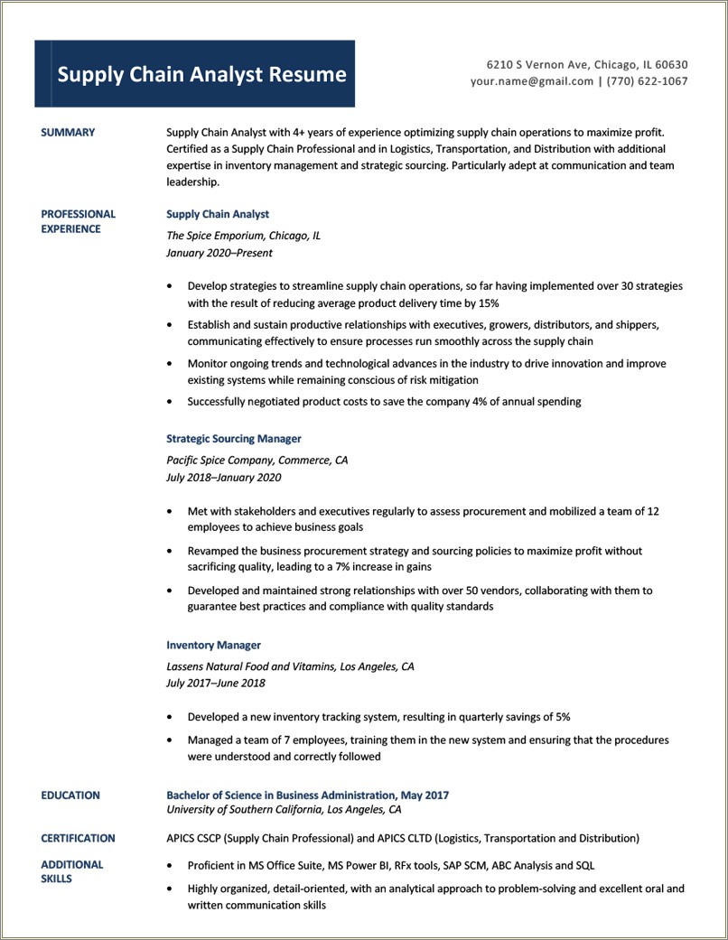 Supply Chain Management Objective For Resume