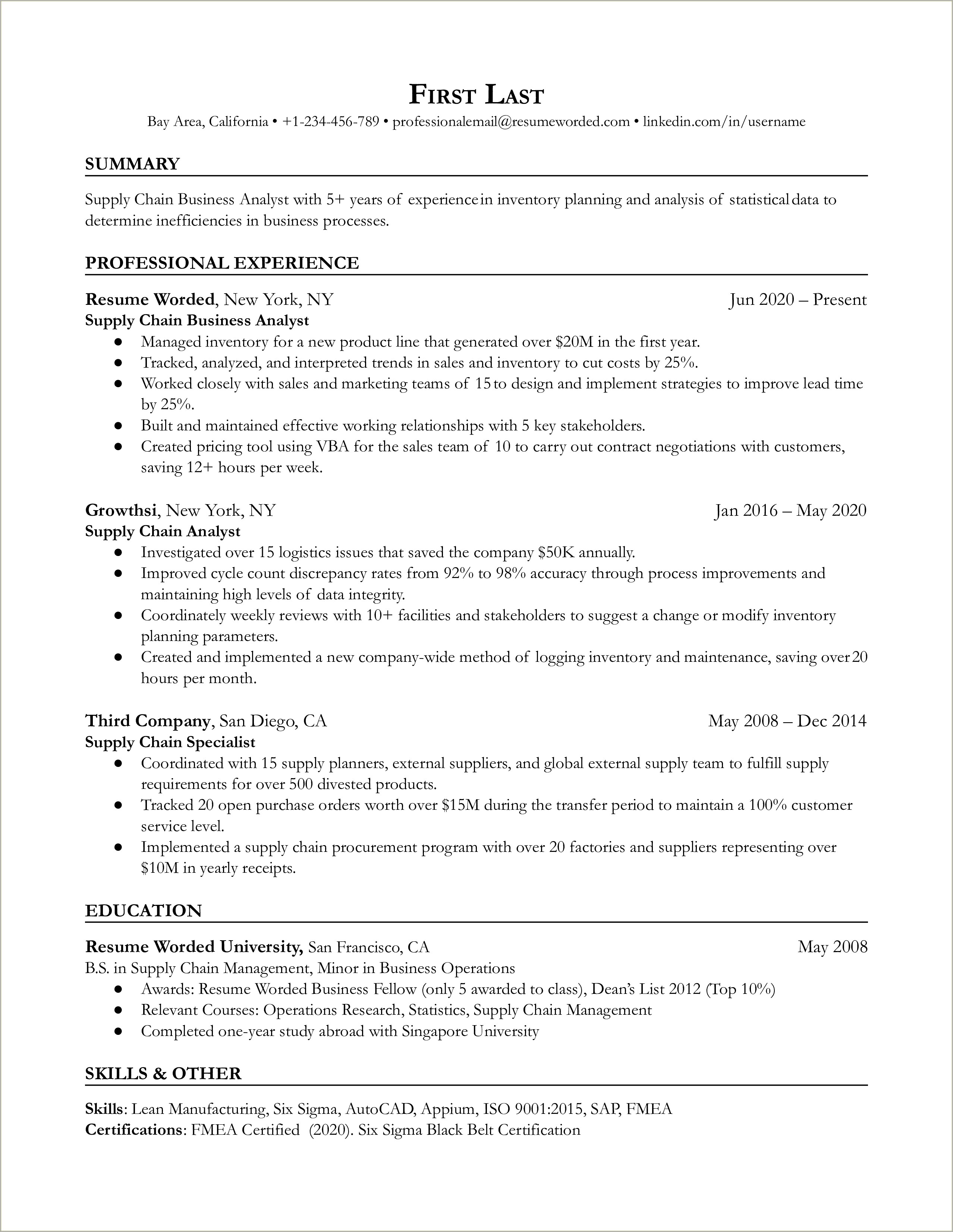 Supply Chain Management Resume Entry Level