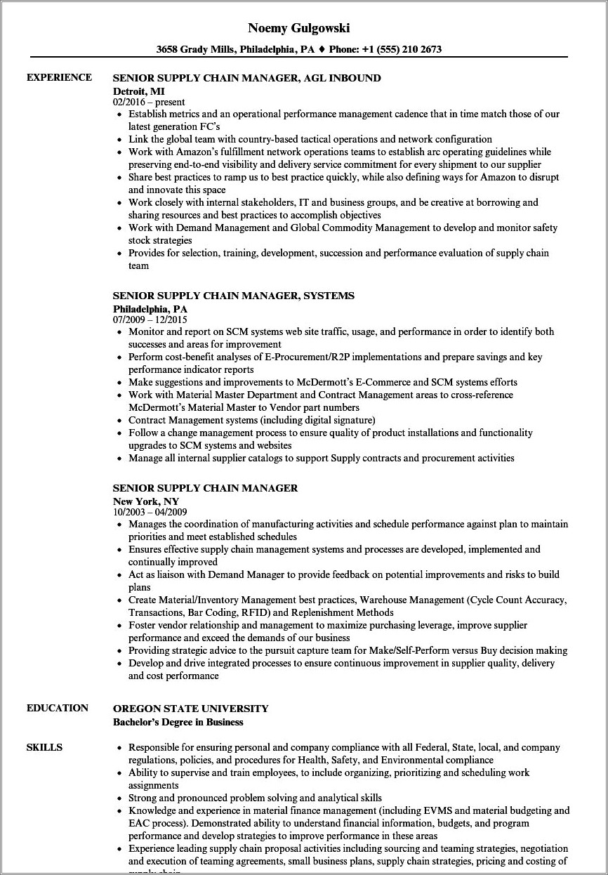 Supply Chain Management Resume Sample India