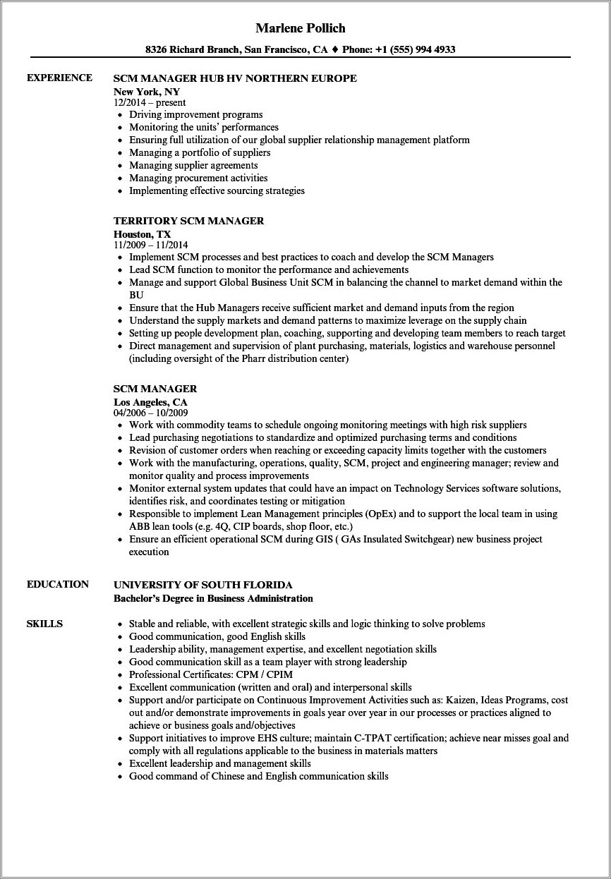 Supply Chain Management Resume Summary Of Qualifications