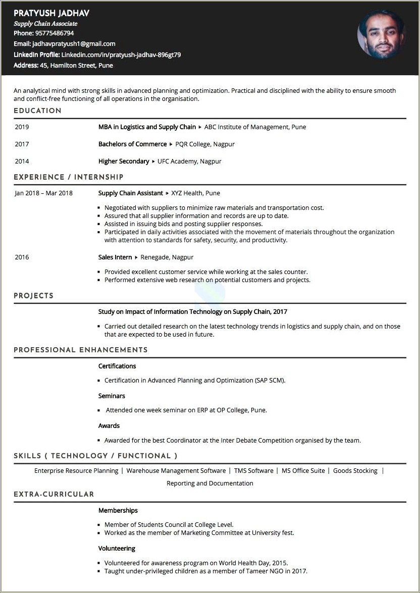 Supply Chain Management Sample Resume For Students