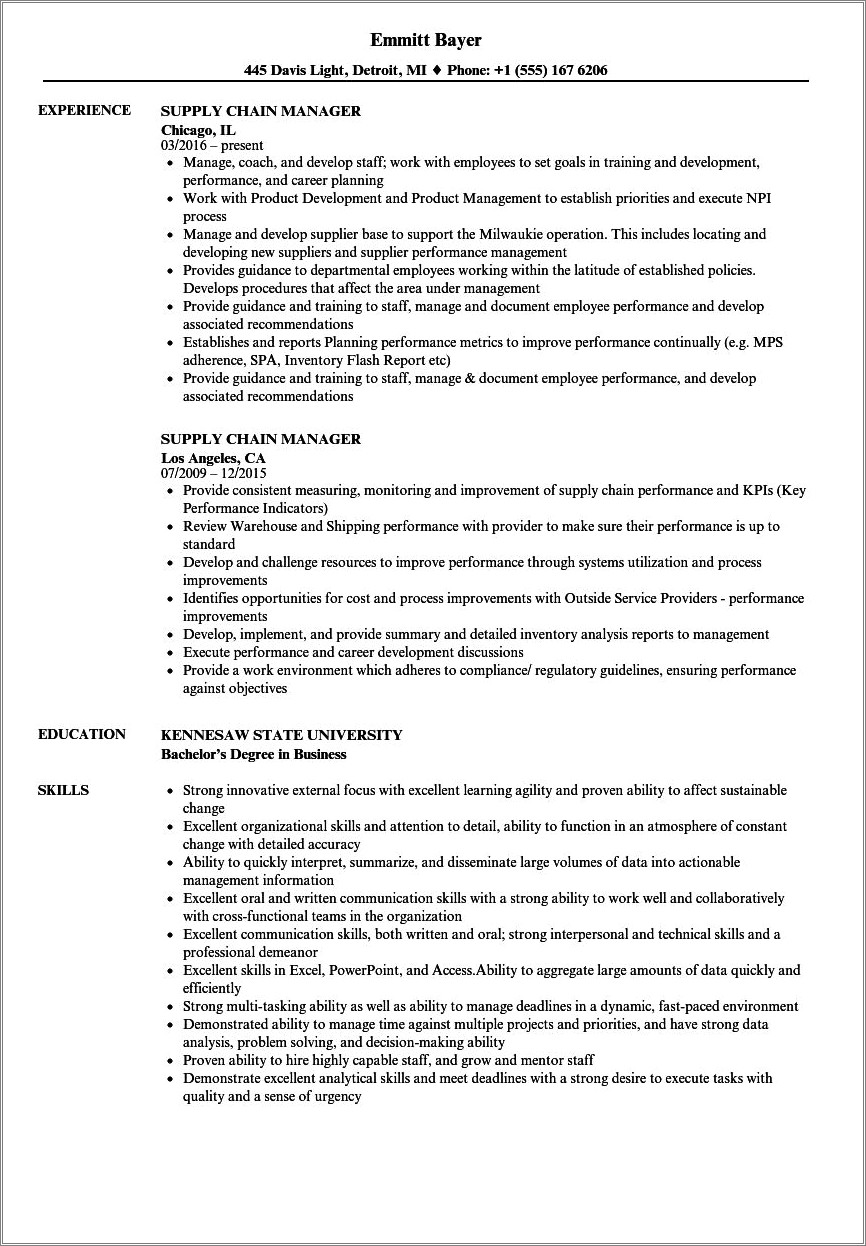 Supply Chain Management Specialist Sample Resume