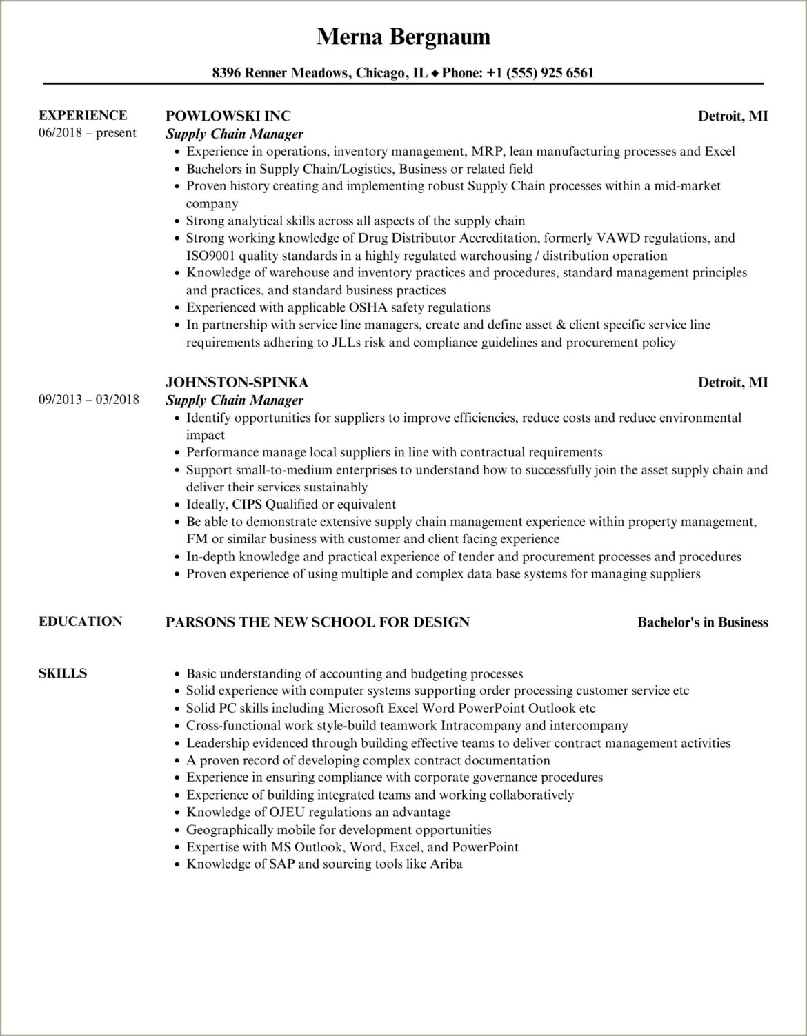 Supply Chain Manager Job Description For Resume