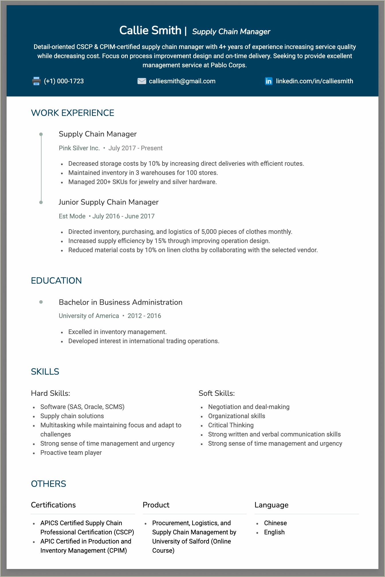 Supply Chain Manager Supply Chain Resume