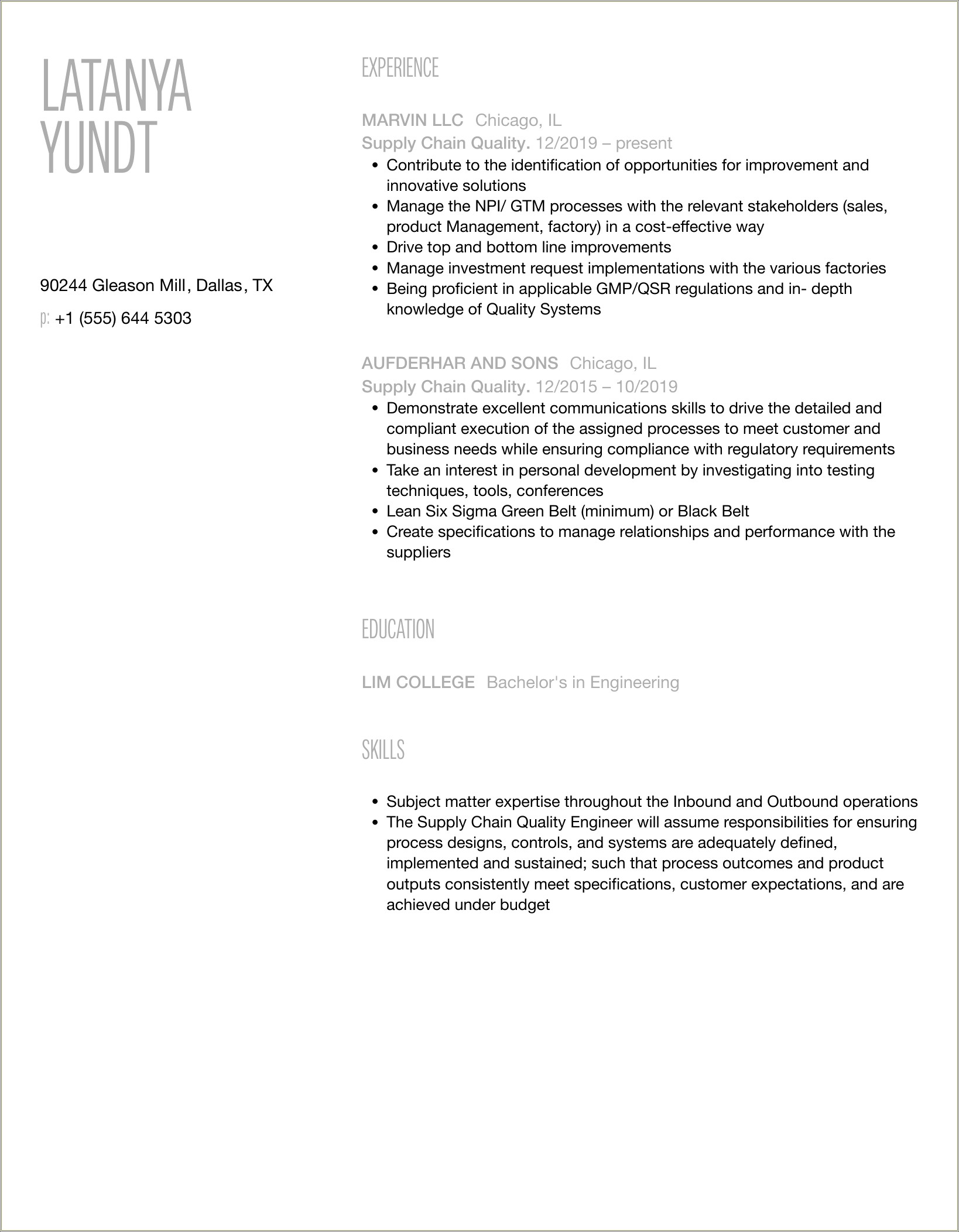 Supply Chain Quality Associate Management Resume