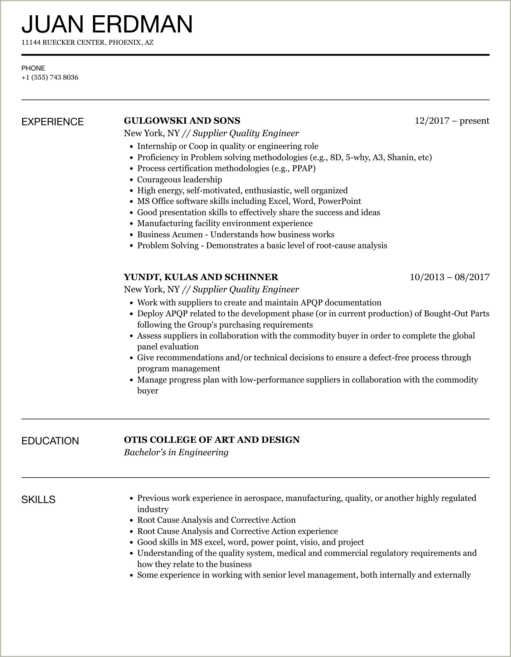 Supply Chain Quality Engineer Resume Samples