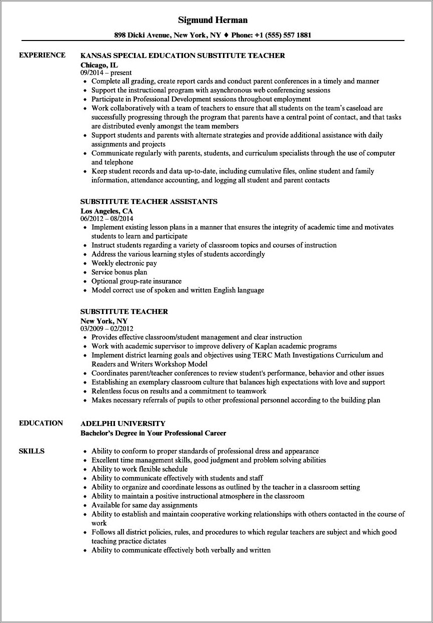 Supply Teacher Job Description For Resume