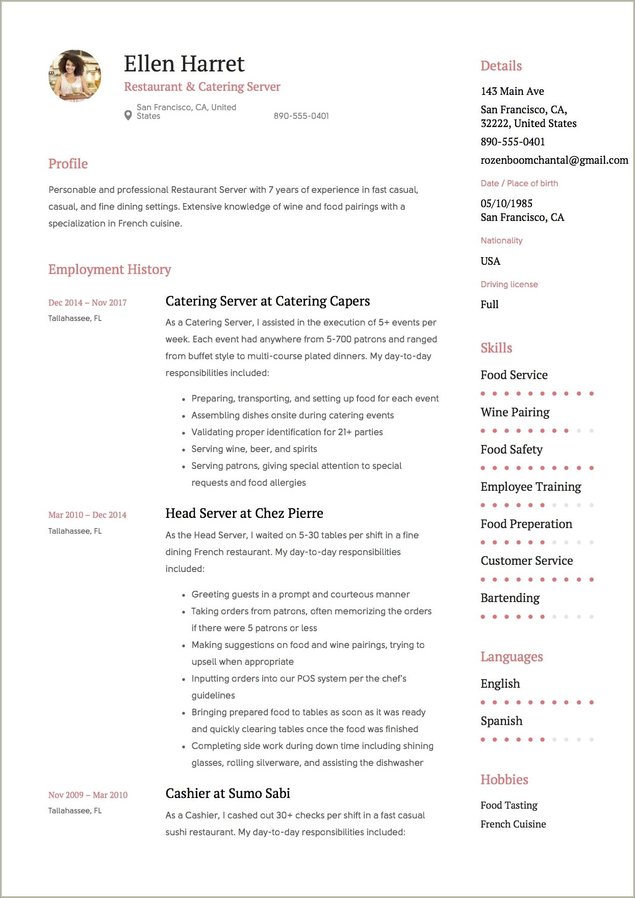 Sushi Restaurant Server Job Description For Resume