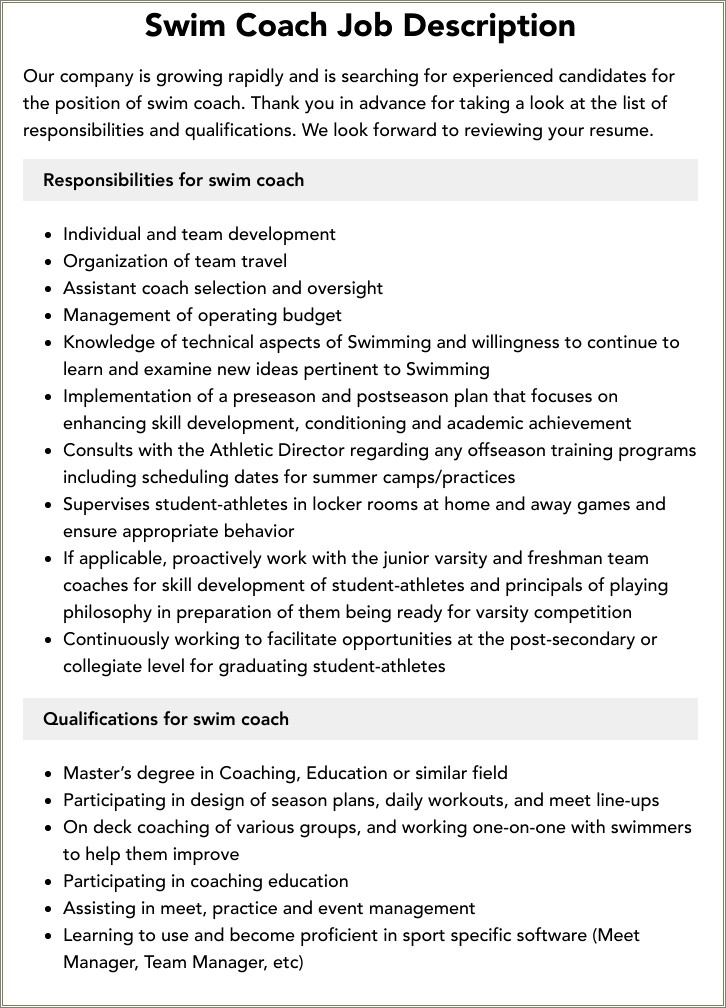 Swim Coach Job Description For Resume