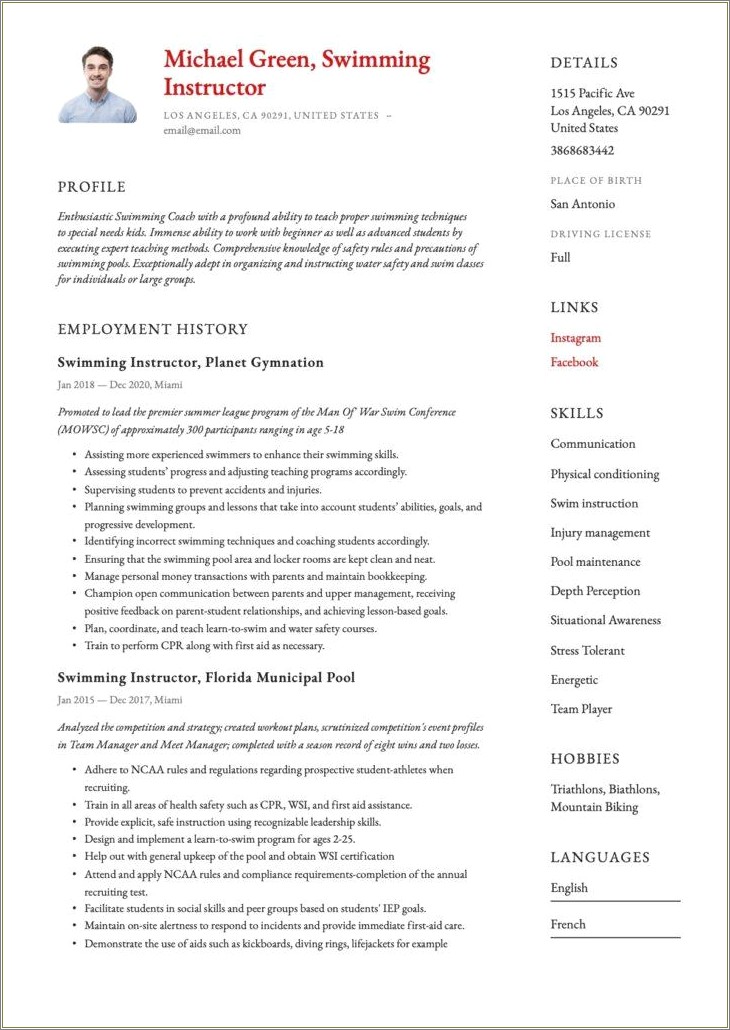 Swimming Instructor Parent And Tot Resume Example