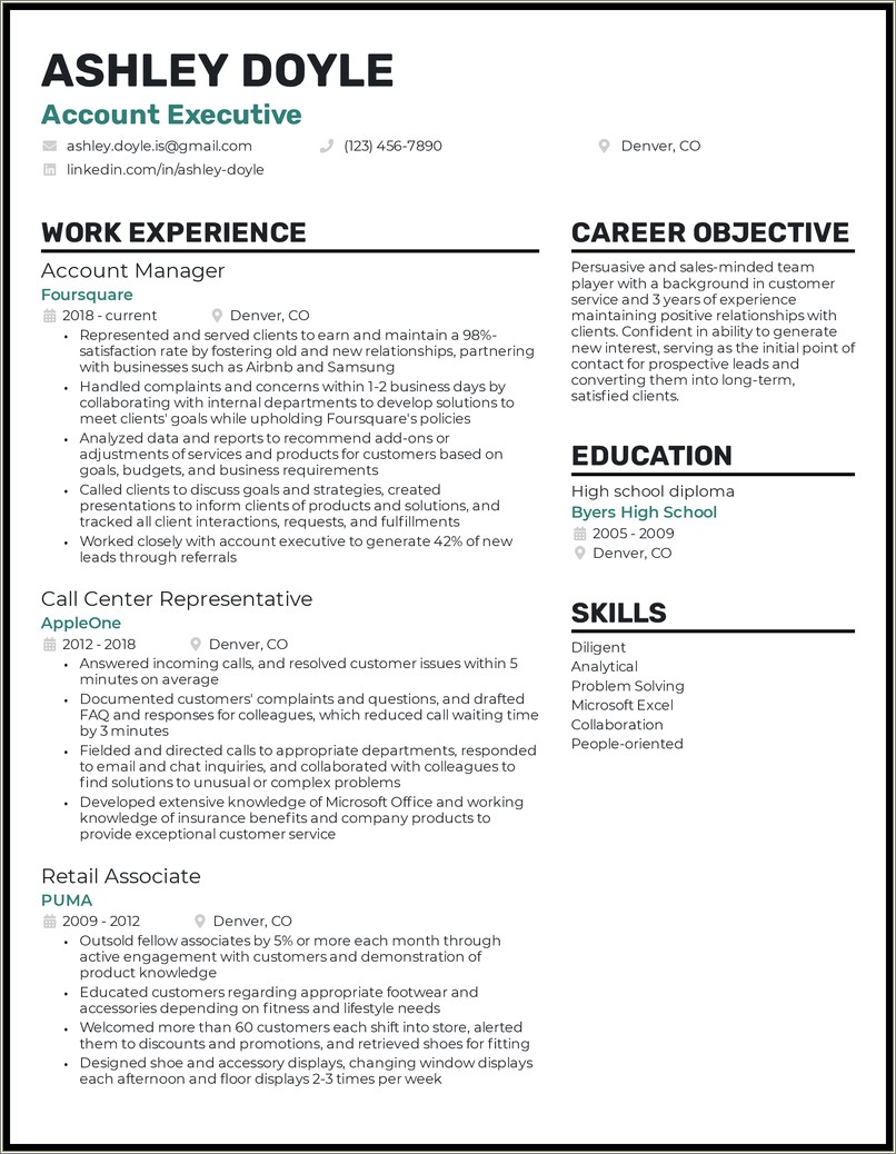 Switching Form College To Second Job Resume