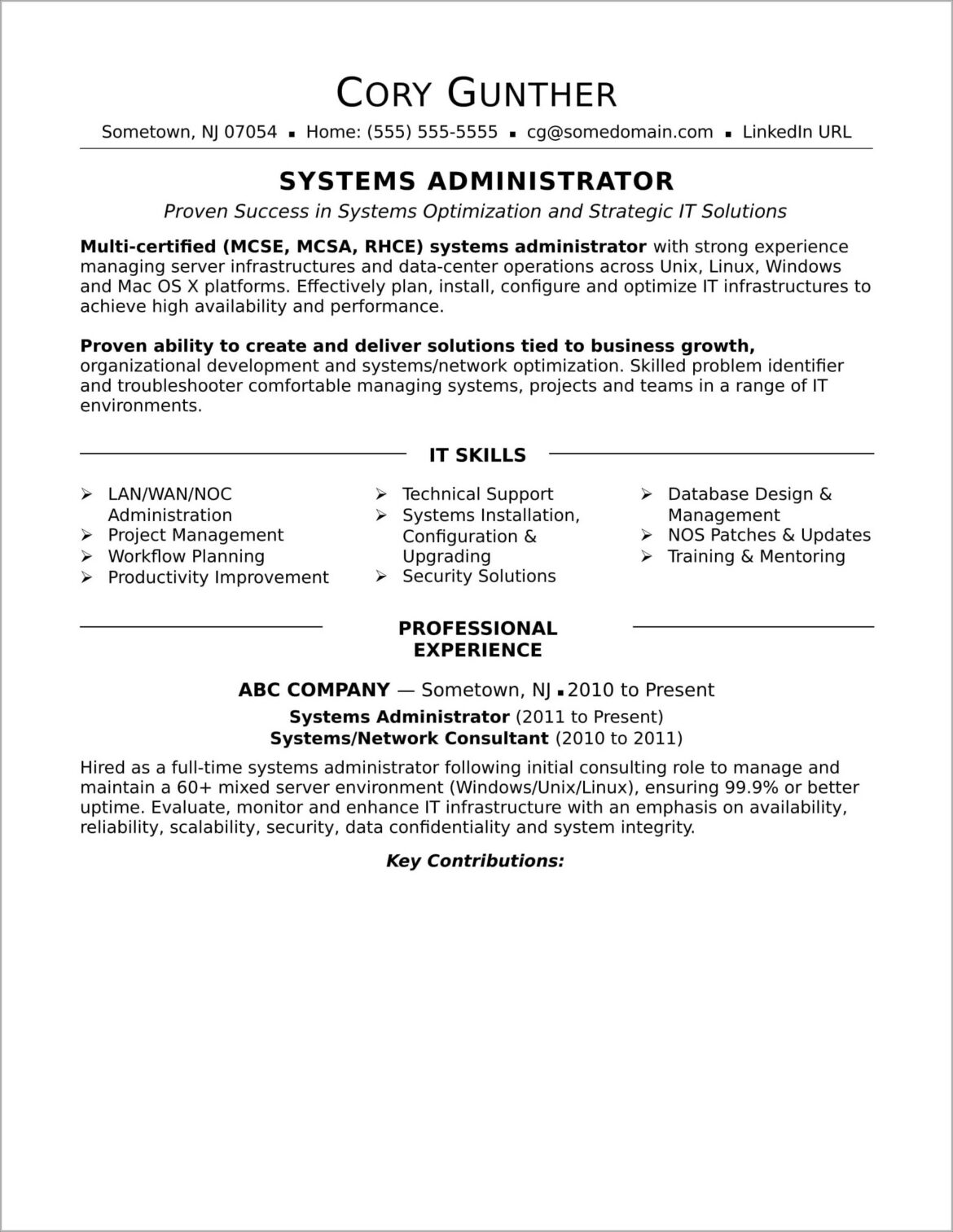 System Admin Resume Format For 1 Year Experience