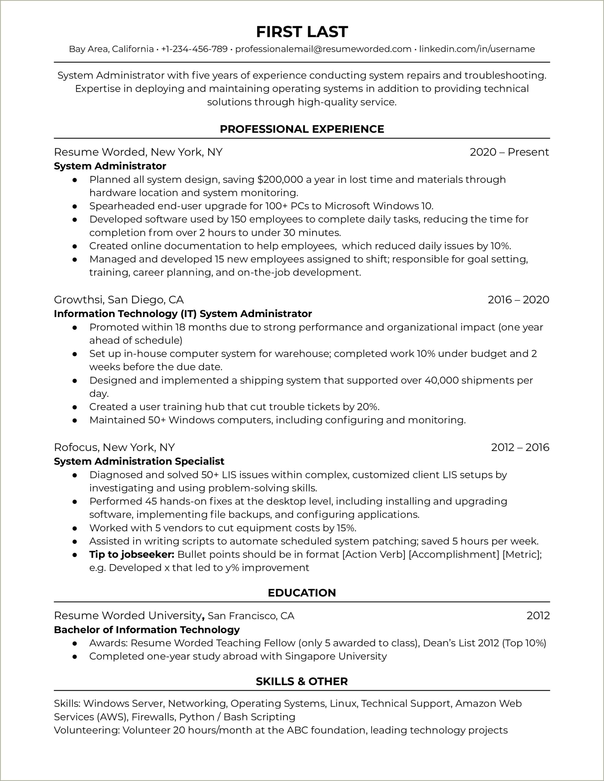 System Administrator Resume 5 Years Experience Doc