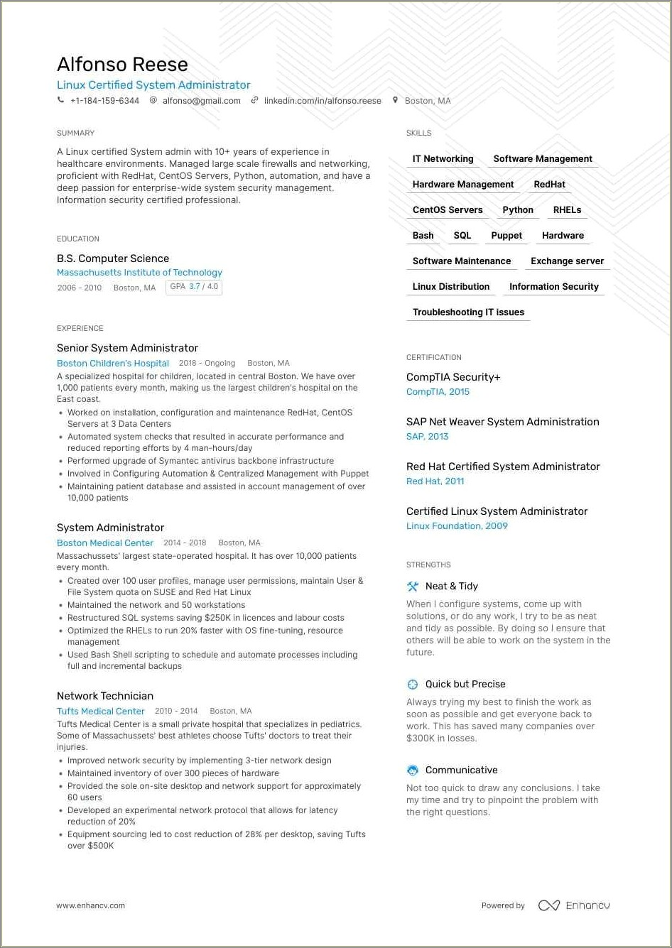 System Administrator Resume For 0 Experience