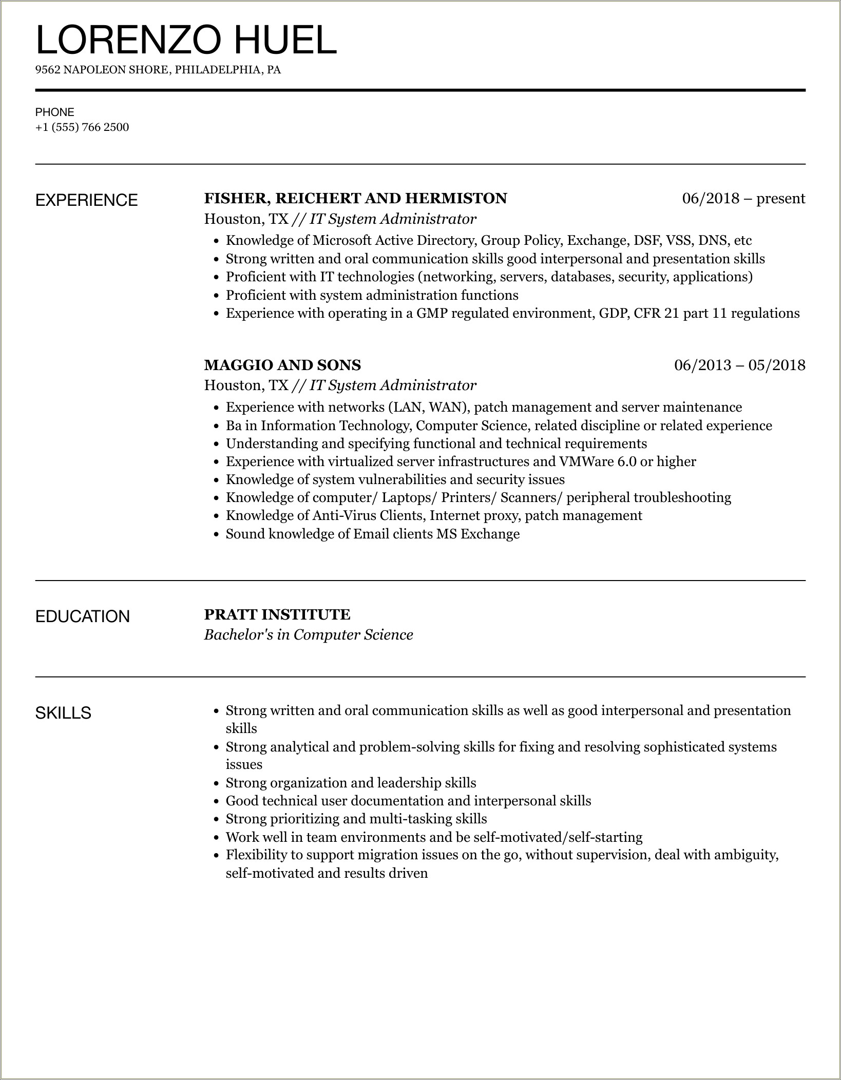 System Administrator Sample Resume 4 Years Experience