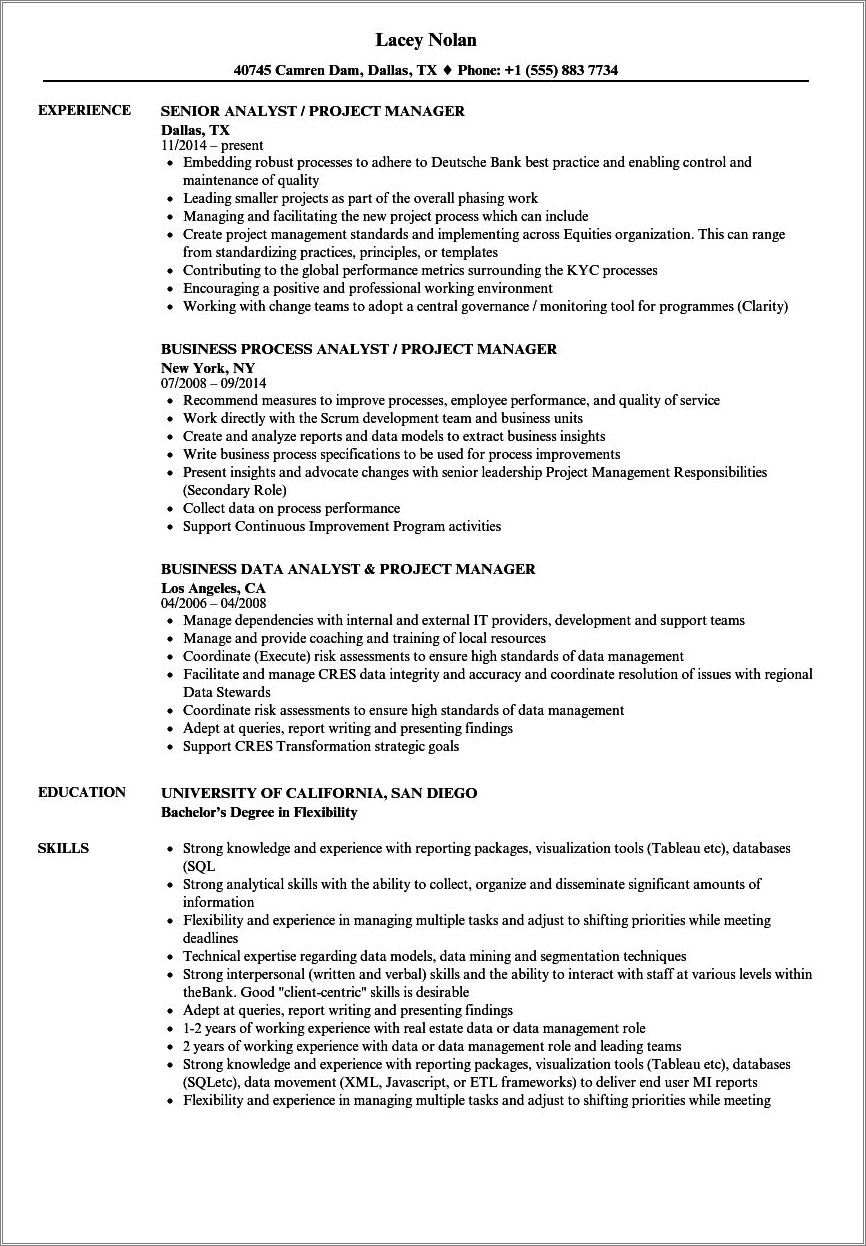 System Analysis And Project Management Resume