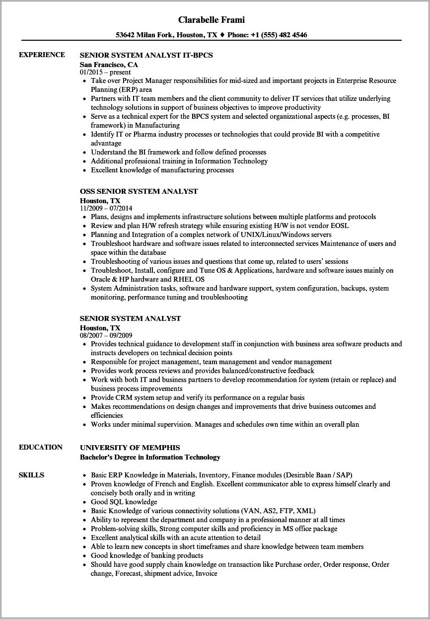 System Analyst Resume 2 Years Experience