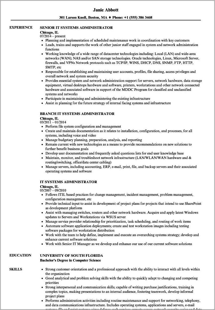 Systems And Network Administrator Resume Sample