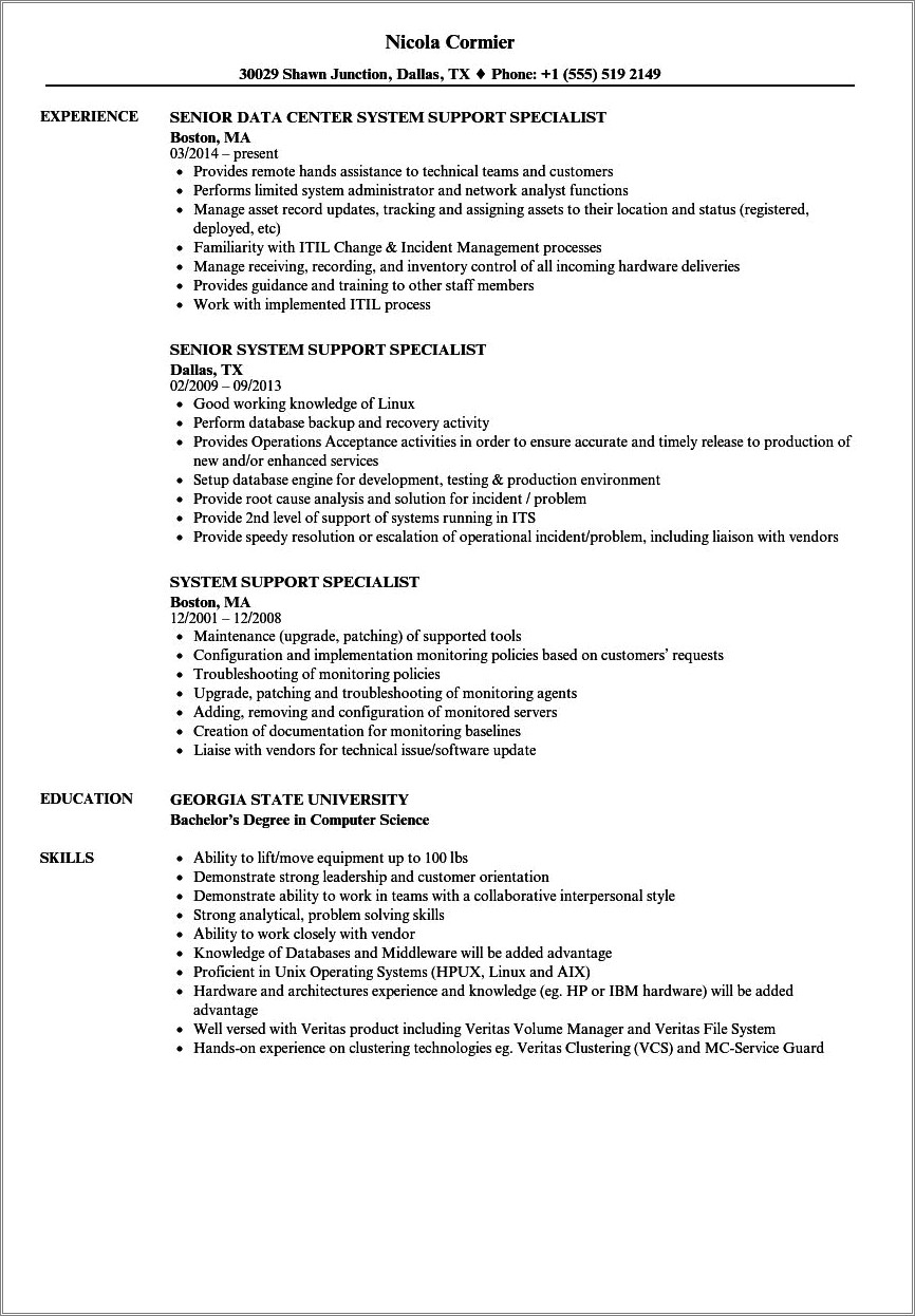 Systems Technical Sr Specialist Resume Samples