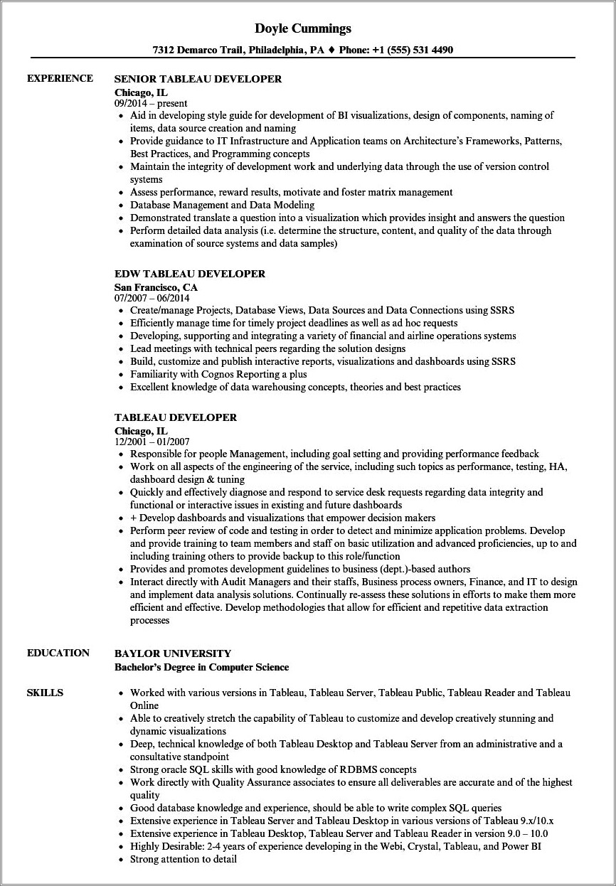 Tableau Developer Admin 12+ Years Experience Resume