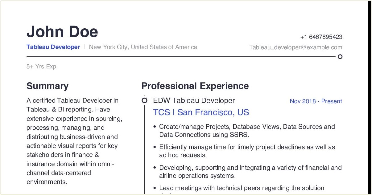 Tableau Developer Resume 3 Years Experience