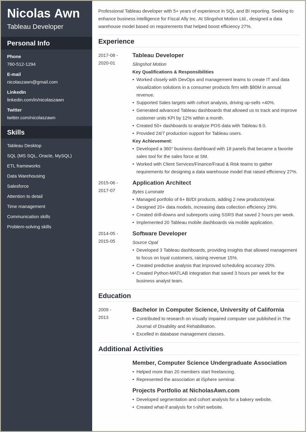 Tableau Developer Resume For 1 Year Experience