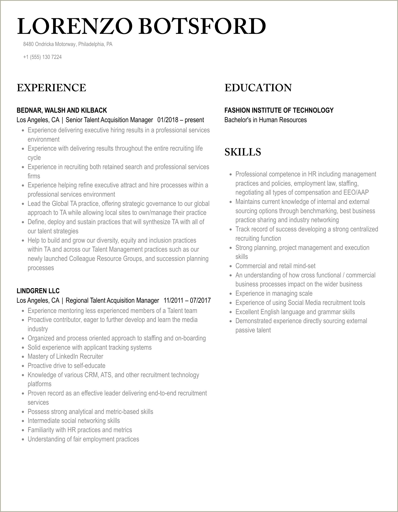 Talent Aquistion Manager Resume With Accumplishments