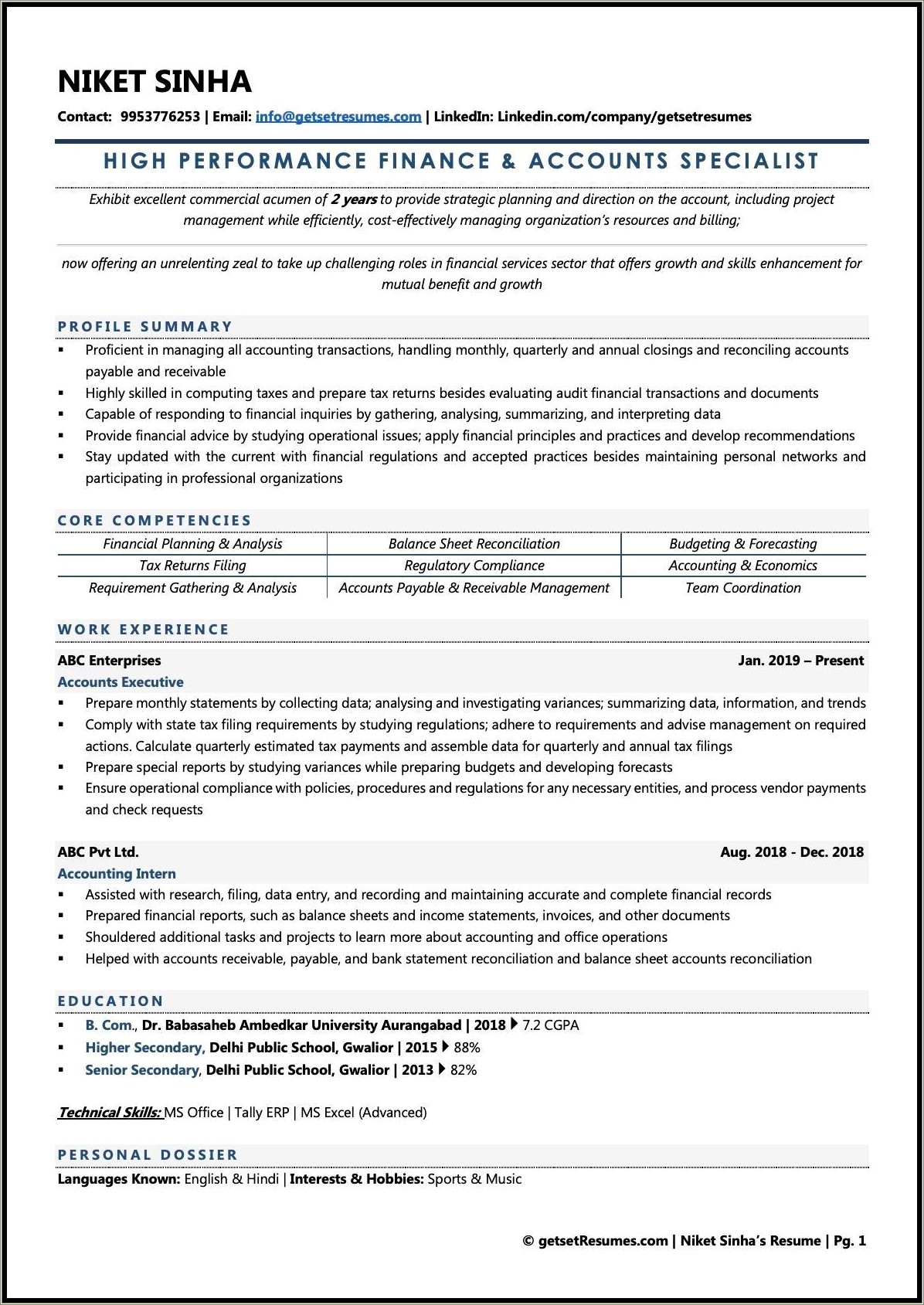 Tax Intership Description For An Resume Sample